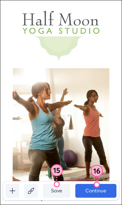 Mobile web email editor with template preview, Save button, and Continue button