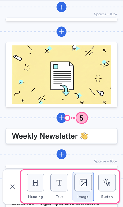 Mobile web email editor with element options and plus symbols to insert