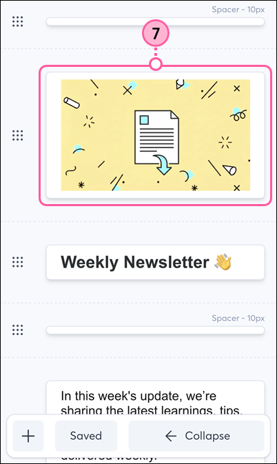 Mobile web email editor, templated with elements expanded, and Image block selected