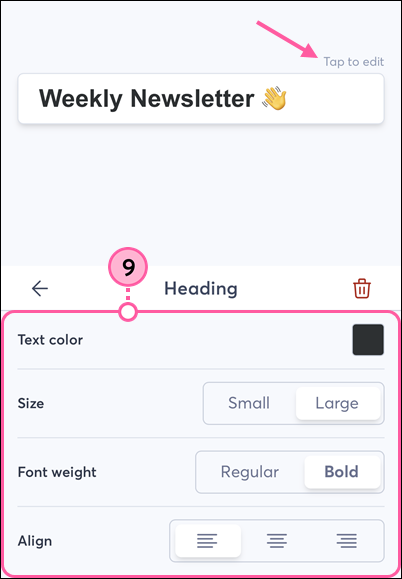 Mobile web email editor, Text block, Tap to Edit text option, and text customization options