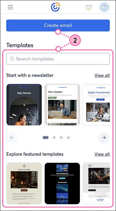 Constant Contact on mobile browser, Email hub page with Create Email button and template options