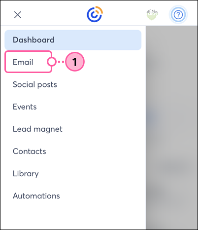 Constant Contact on mobile browser, menu expanded with Email option selected
