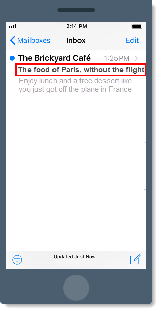 An example inbox that fully displays an email's subject line that is shorter than 40 characters.