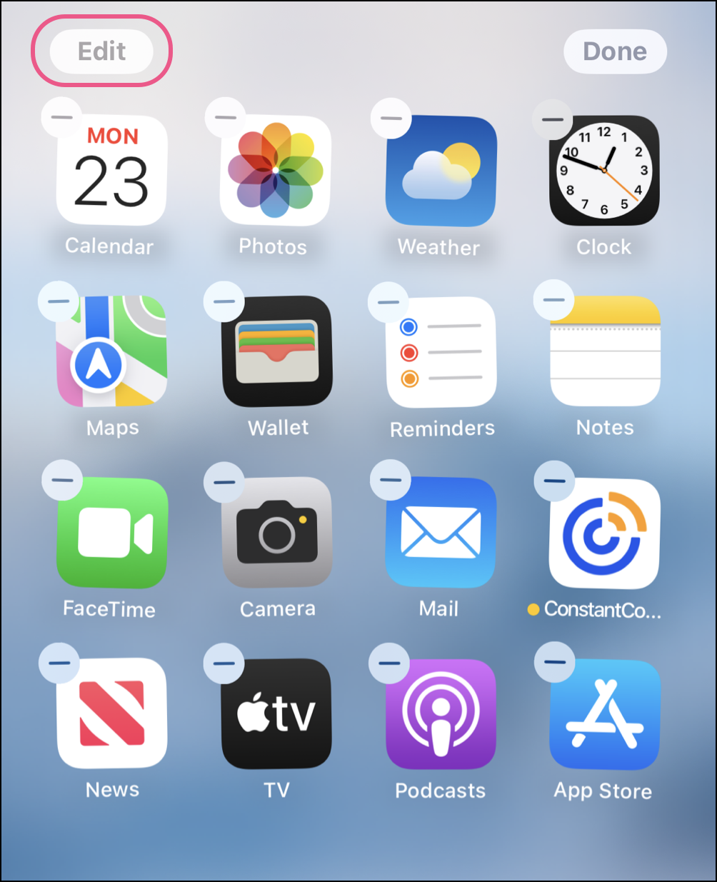 iPhone homescreen with minus sign on each app