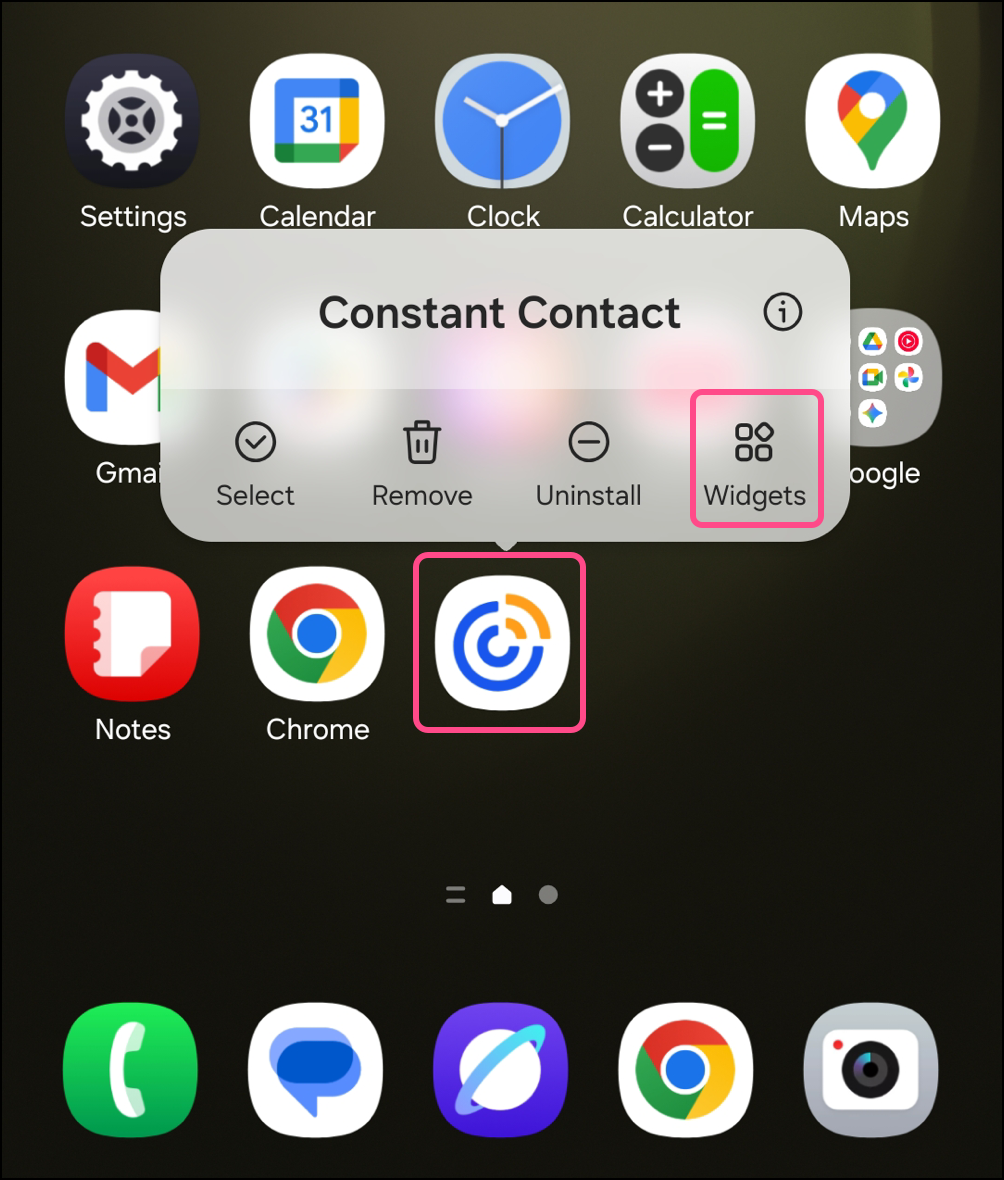 Constant Contact app popup menu