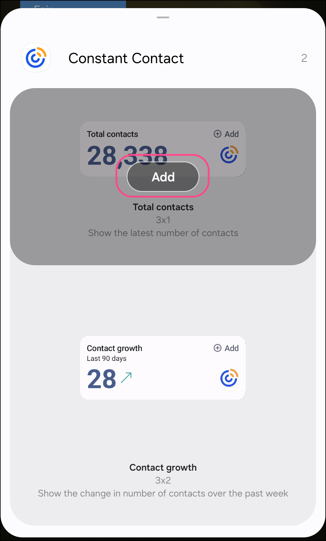 Add button over the top of the widget selection