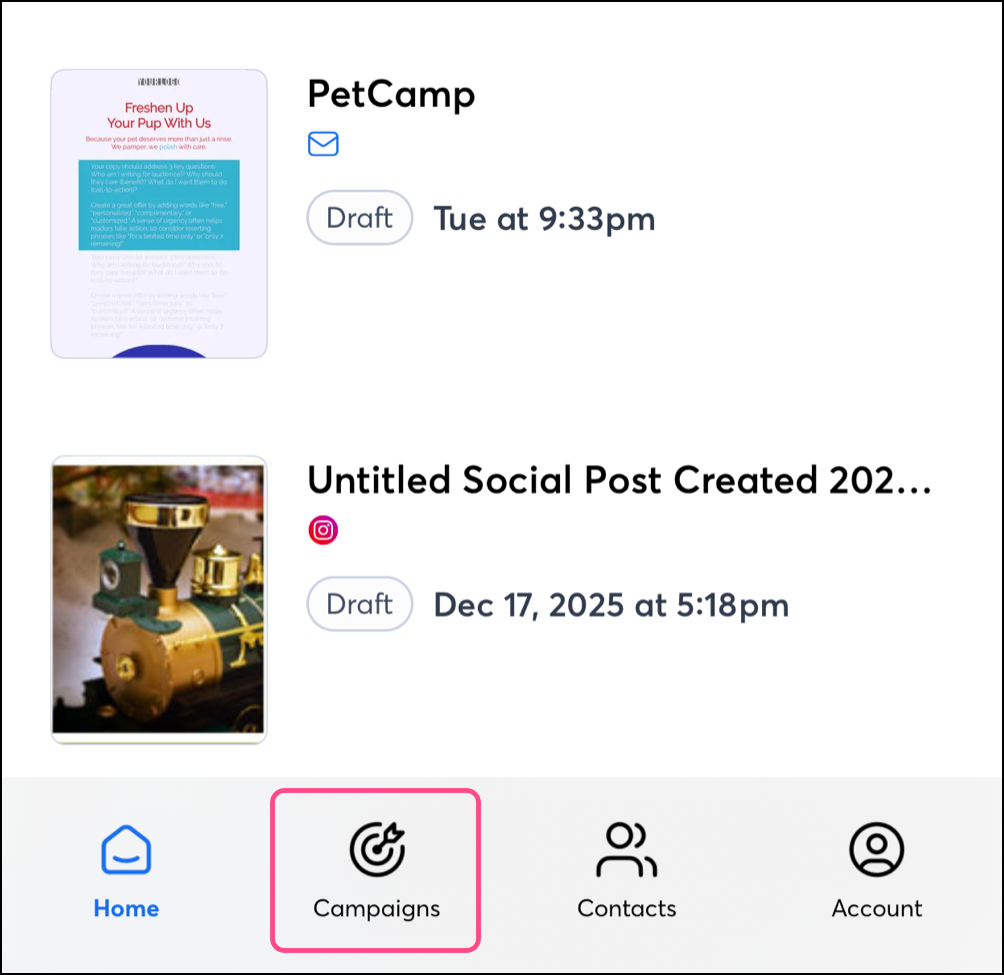 Campaigns option in menu