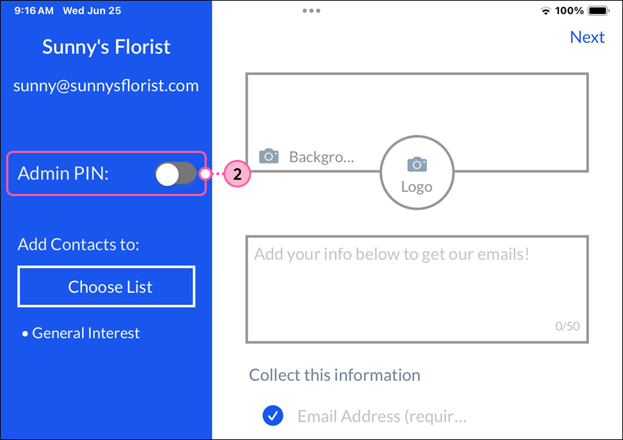 ListBuilder app settings screen with Admin Pin toggle switch disabled