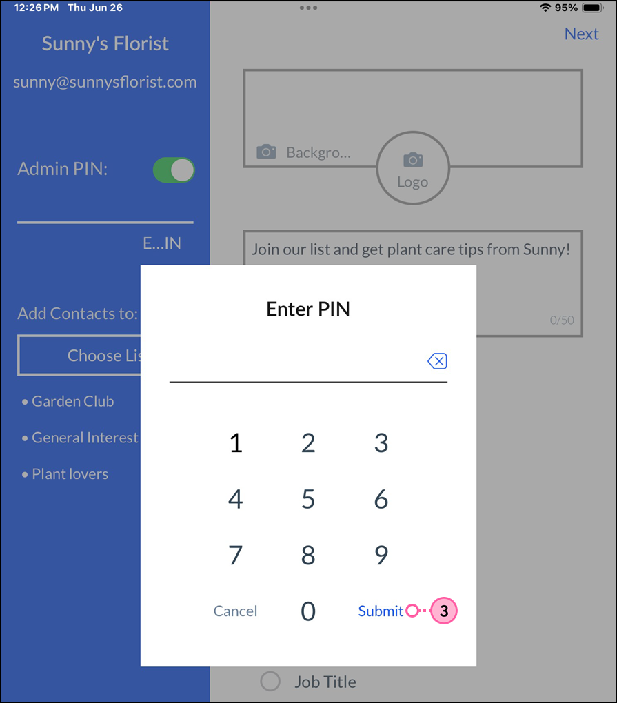 Enter PIN overlay with number pad and Submit option