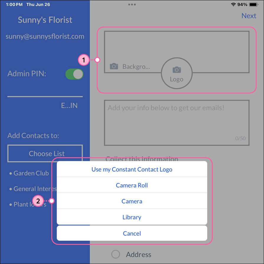 ListBuilder app settings screen with Background and Logo options and image option menu
