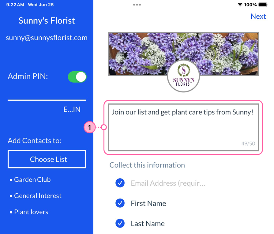 ListBuilder app settings screen with Message field