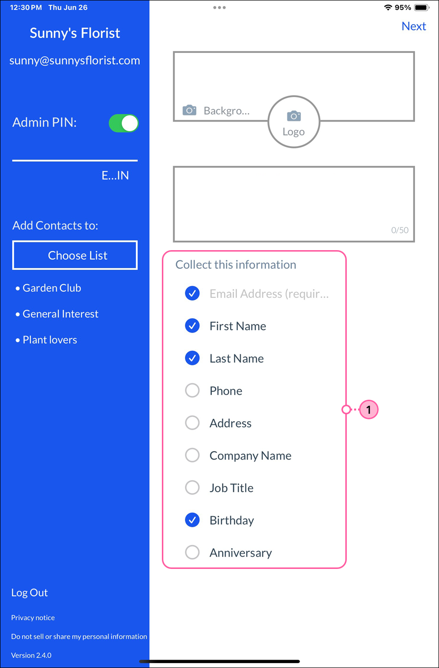 ListBuilder app settings screen with Collect this information section and multiple contact details selected
