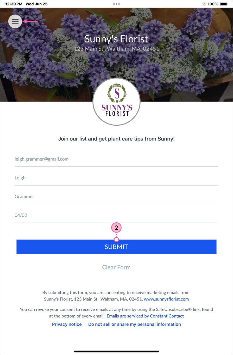 ListBuilder Sign-up screen with form fields, Submit button, and Settings menu option