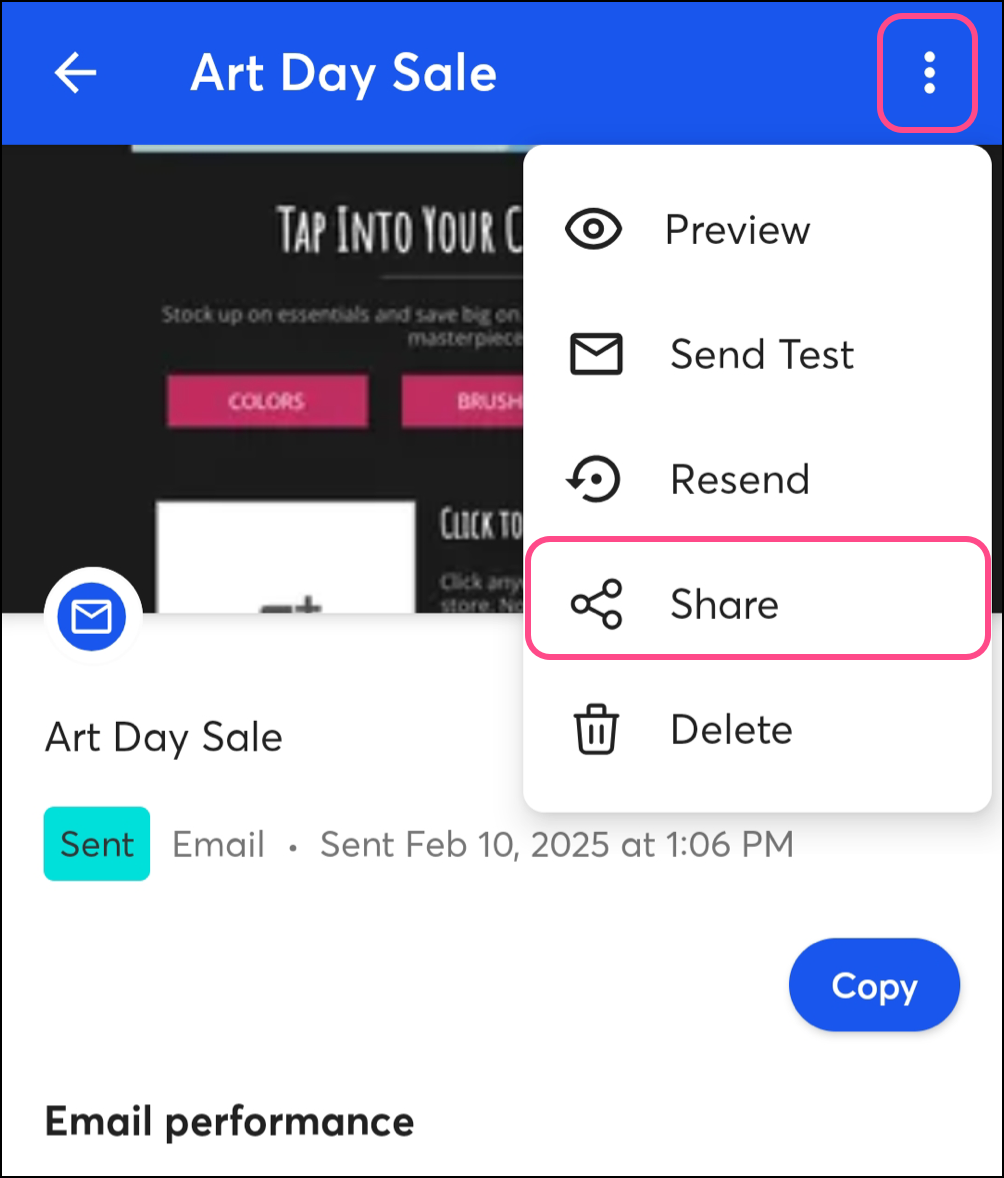 Expanded email settings menu