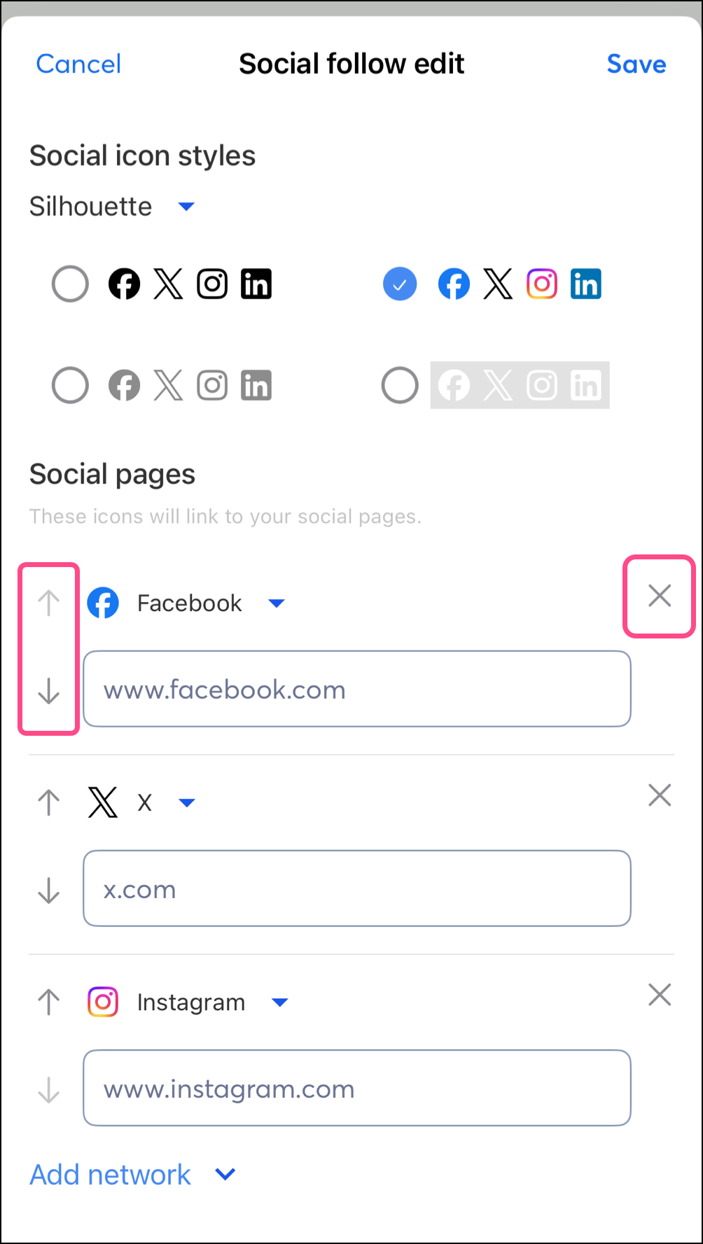 Up and down arrows to the left, X close icon to the right