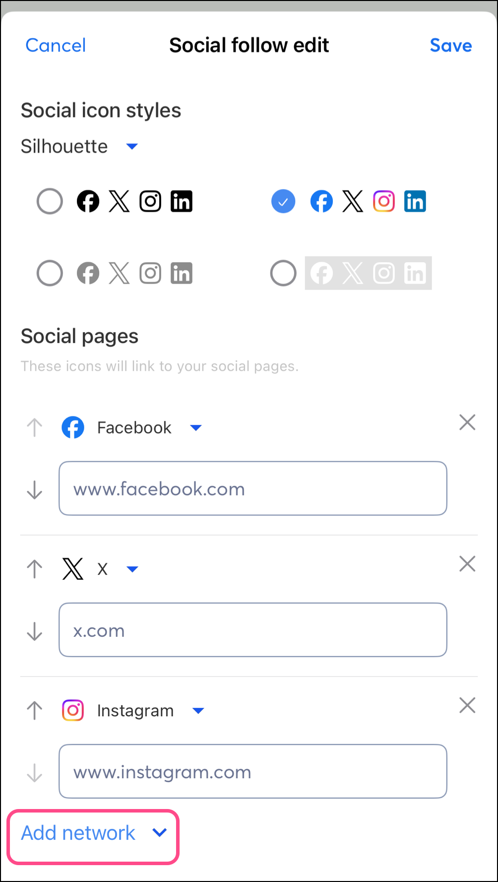 Add network button at the bottom of the page