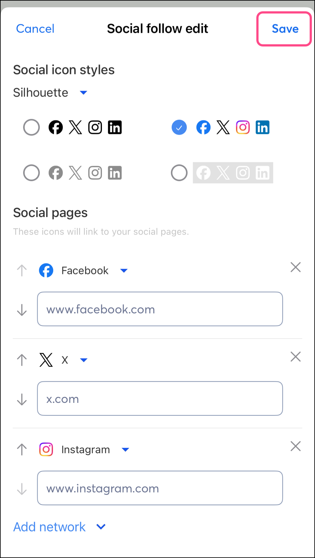 Save button in the top right corner