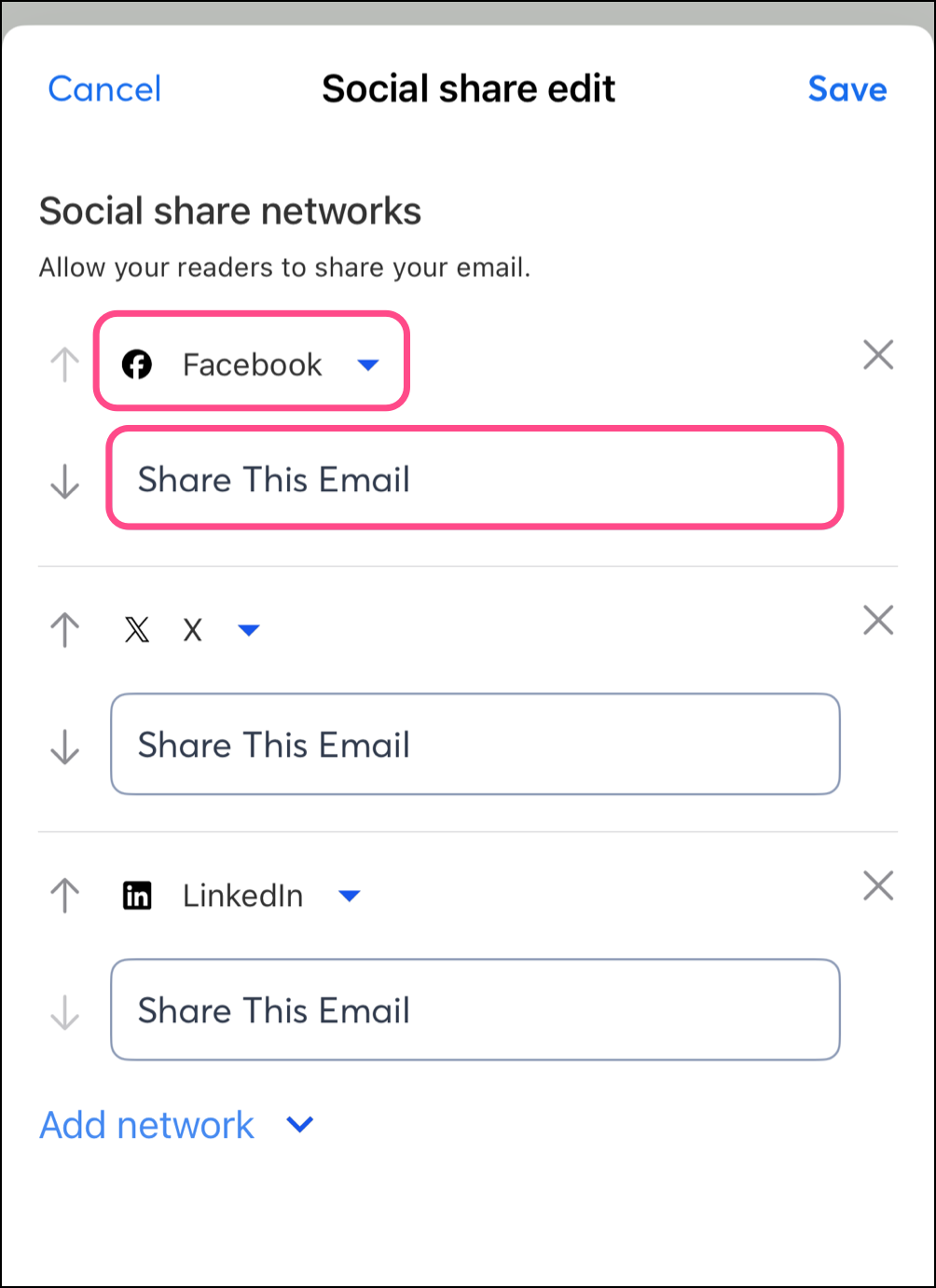 Facebook icon and down arrow on top of button field