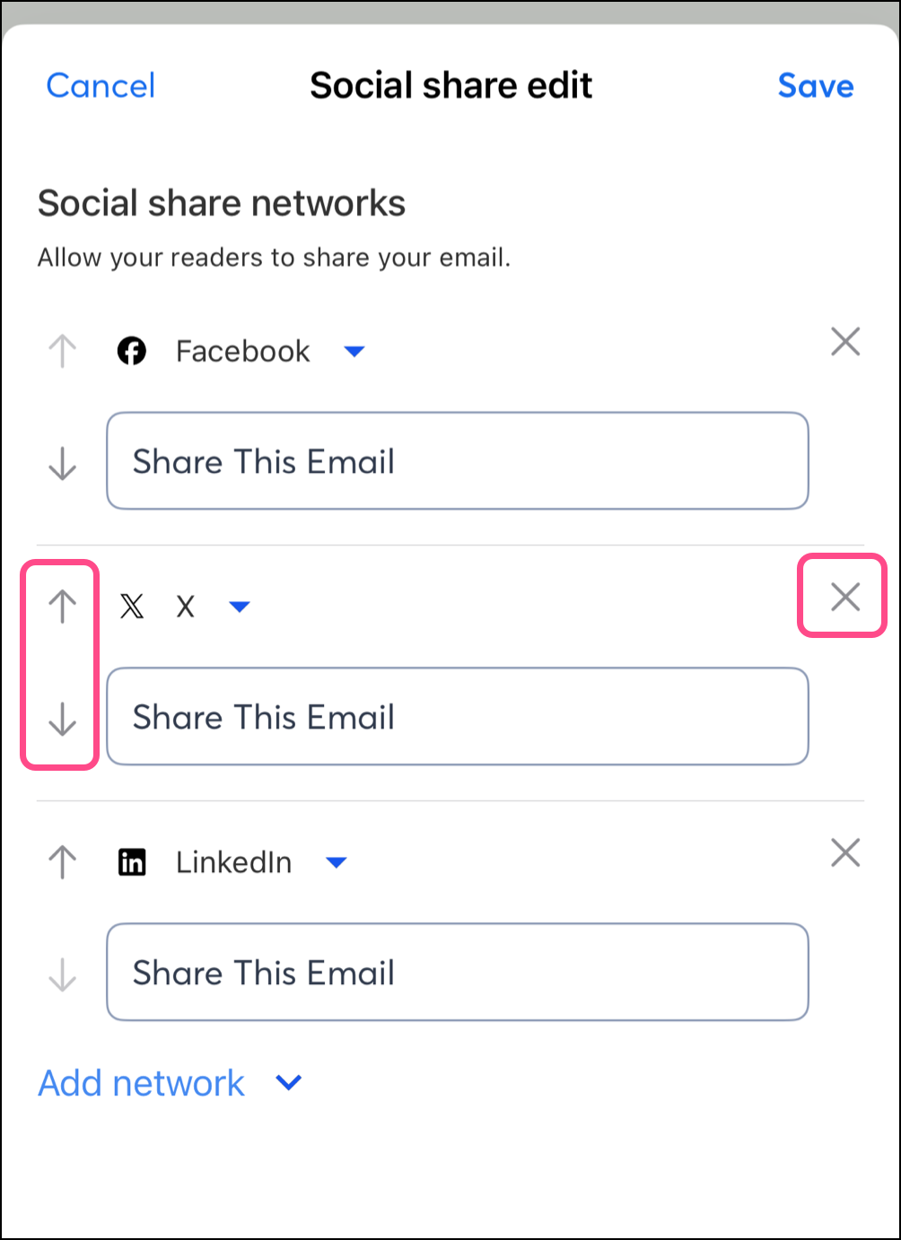 X icon to right of platform selection