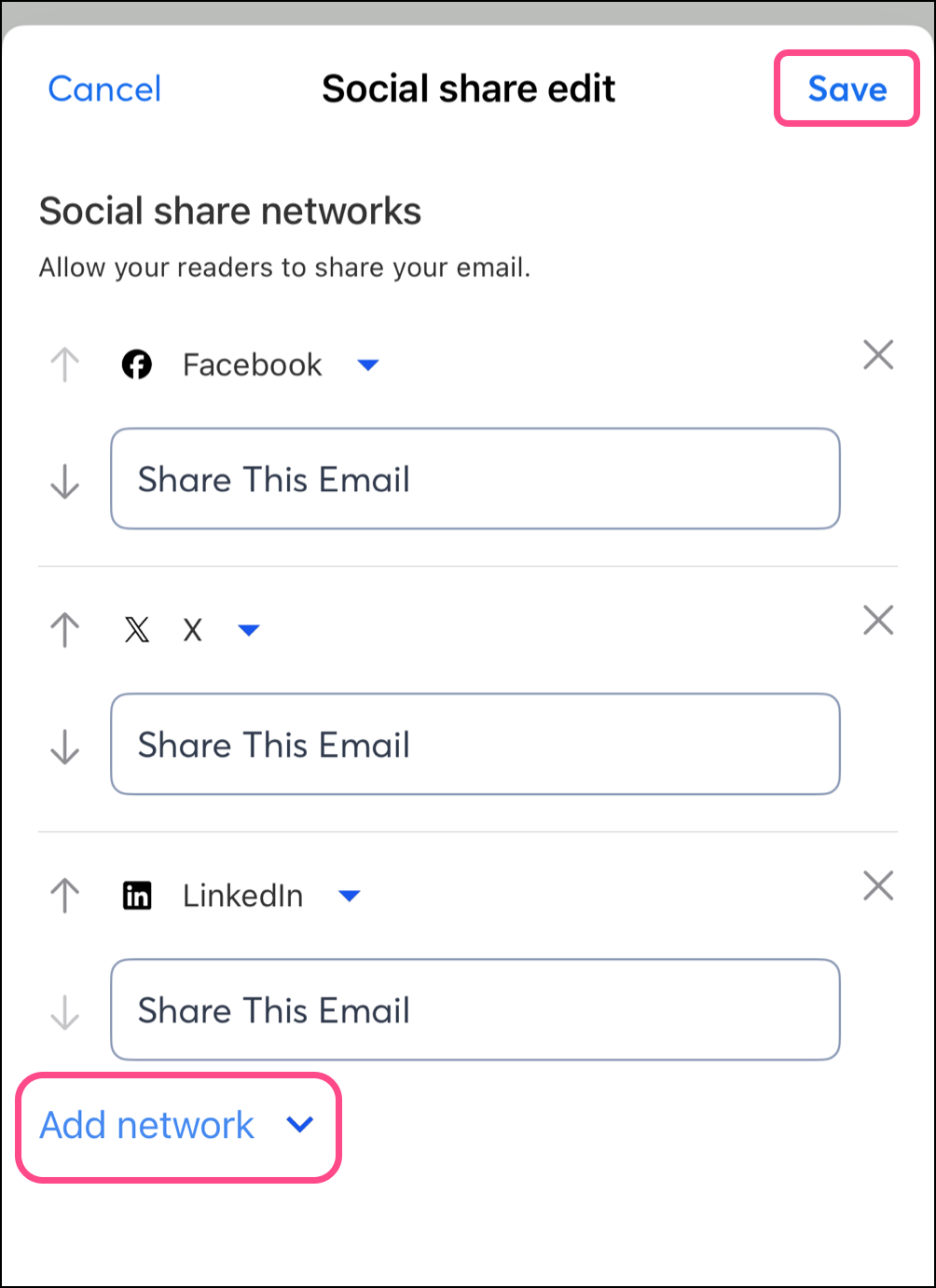Add Network dropdown and a blue Save button in the top right
