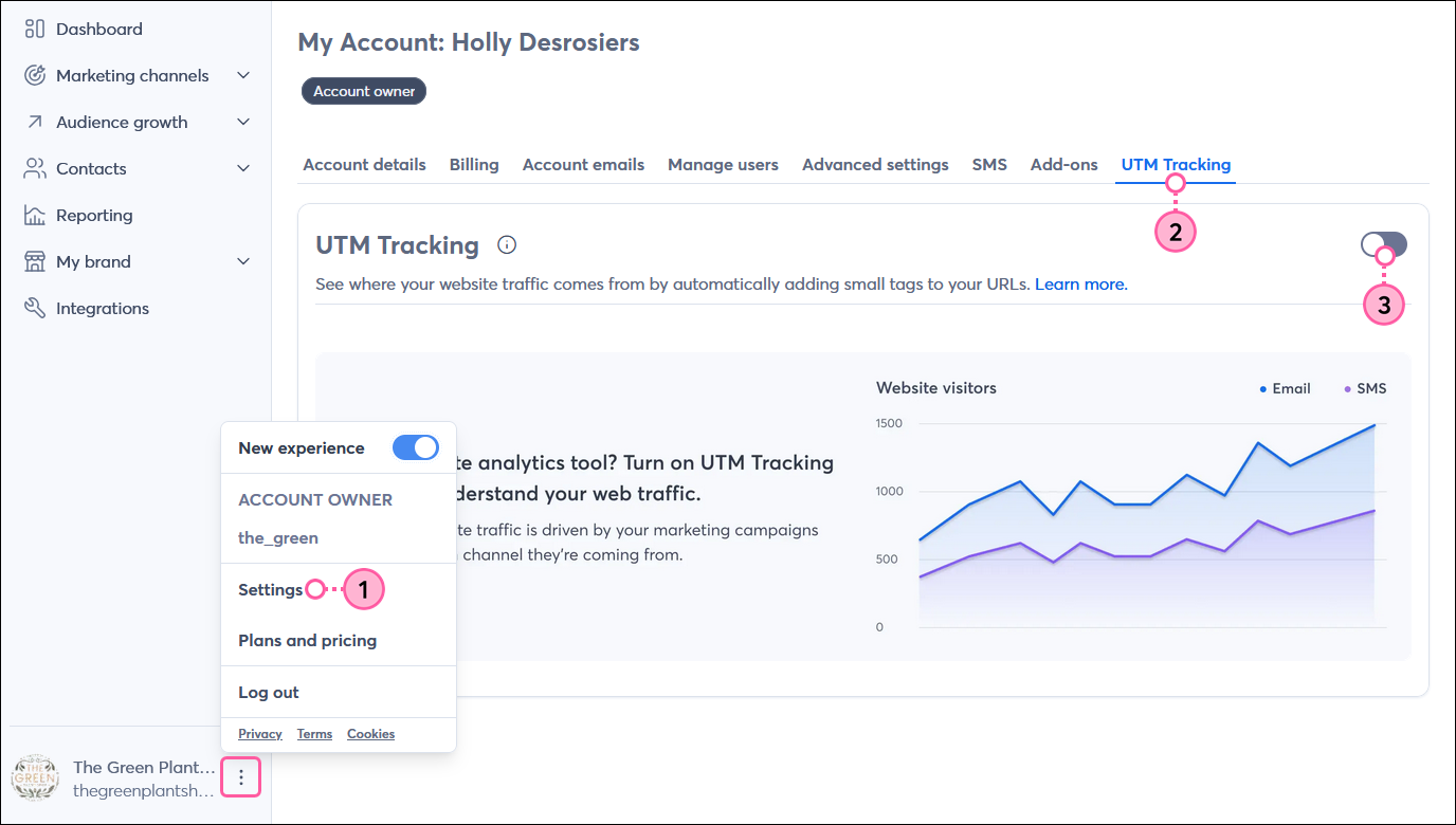 Account owner menu expanded with Settings option selected, Account setting page with UTM Tracking tab selected, and UTM tracking toggle disabled