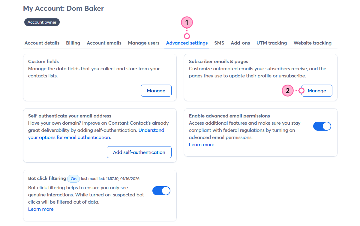 Settings page with Advanced settings tab selected,Subscriber emails & pages section and Manage button