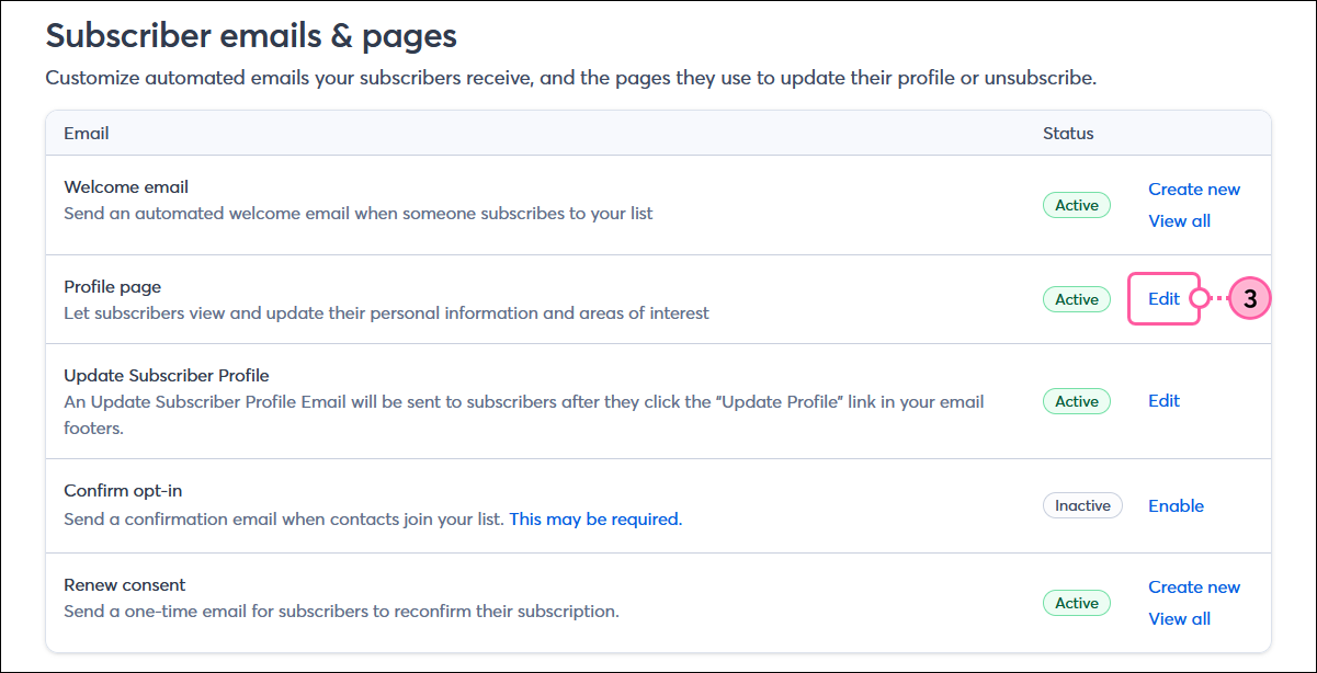 Subscriber emails and pages page with Profile page section and Edit option