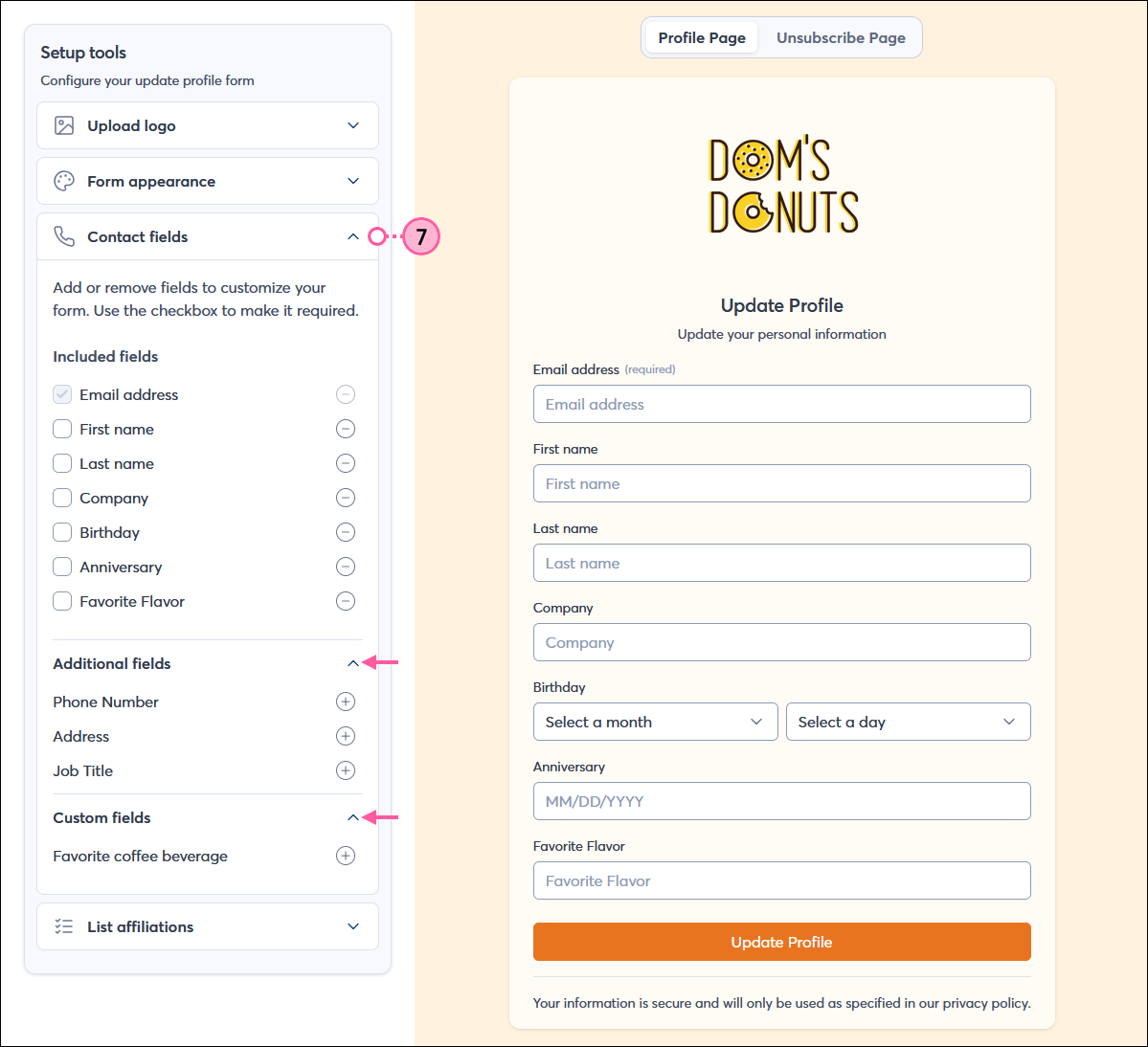 Subscriber setup page with Profile Page tab selected, Cotnact fields section expanded with Included fields, Additional fields, and Custom fields options