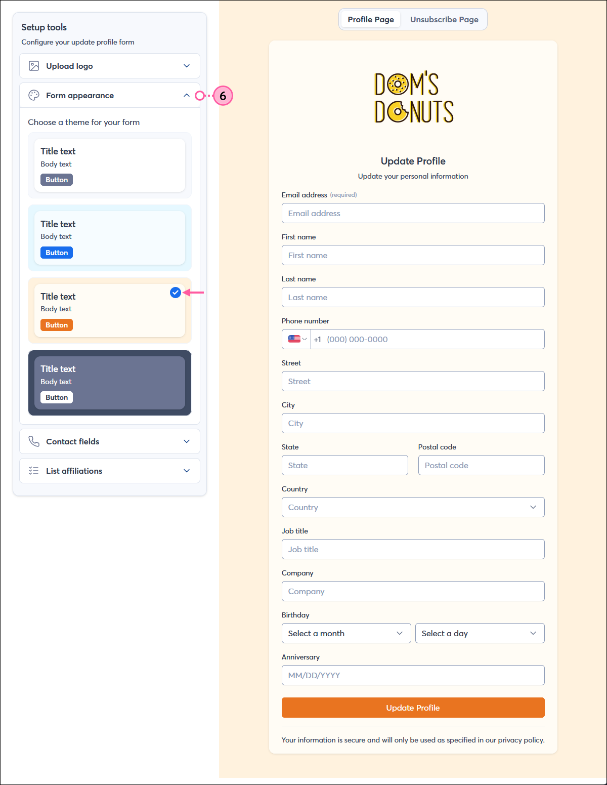 Subscriber form setup page with Profile Page tab selected, and Setup tools sectiib with Form appearance section expanded