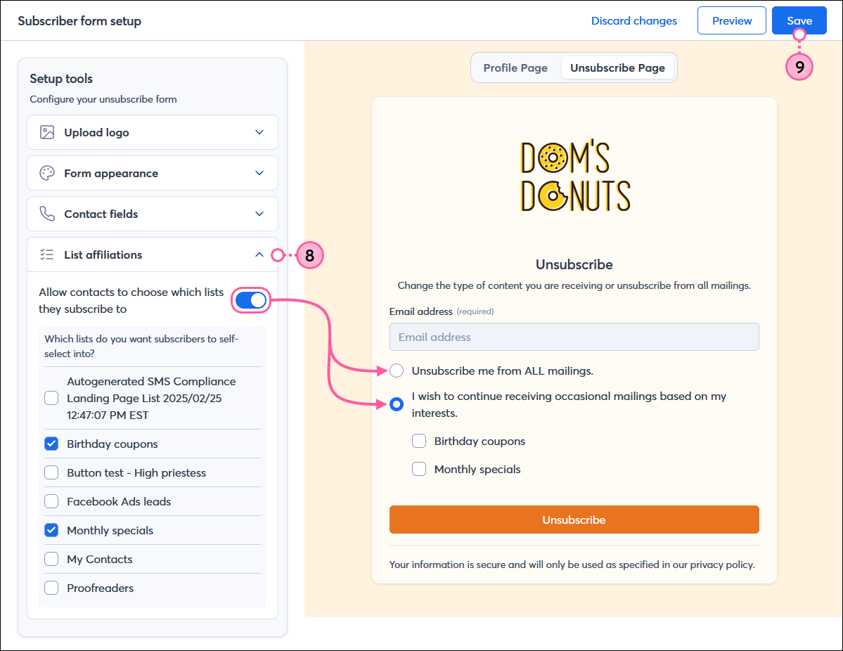 Subscriber setup page with Unsubscribe Page tab selected, List affiliations section expanded with Allow contacts to choose which lists they subscribe to option enabled, list options selected, and Unsubscribe Page preview with Unsubscribe from ALL mailings option, and I wish to contineue receiving occassional mailings based on my interests option