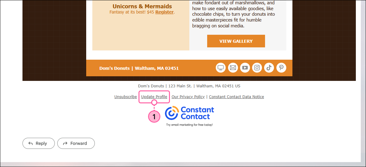 Email footer with Update Profile link
