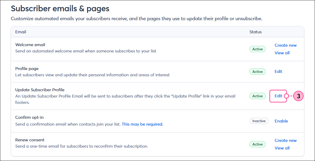 Subscriber emails and pages page with Update Subscriber Profile section and Edit option