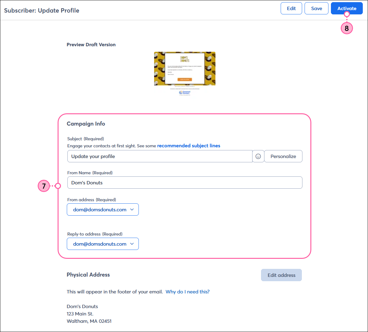 Subscriber Update Profile email preview with Campaign Info section showing the Subject Line field, From Name field, From address, and Reply-to address, Physical Address section, and Activate button
