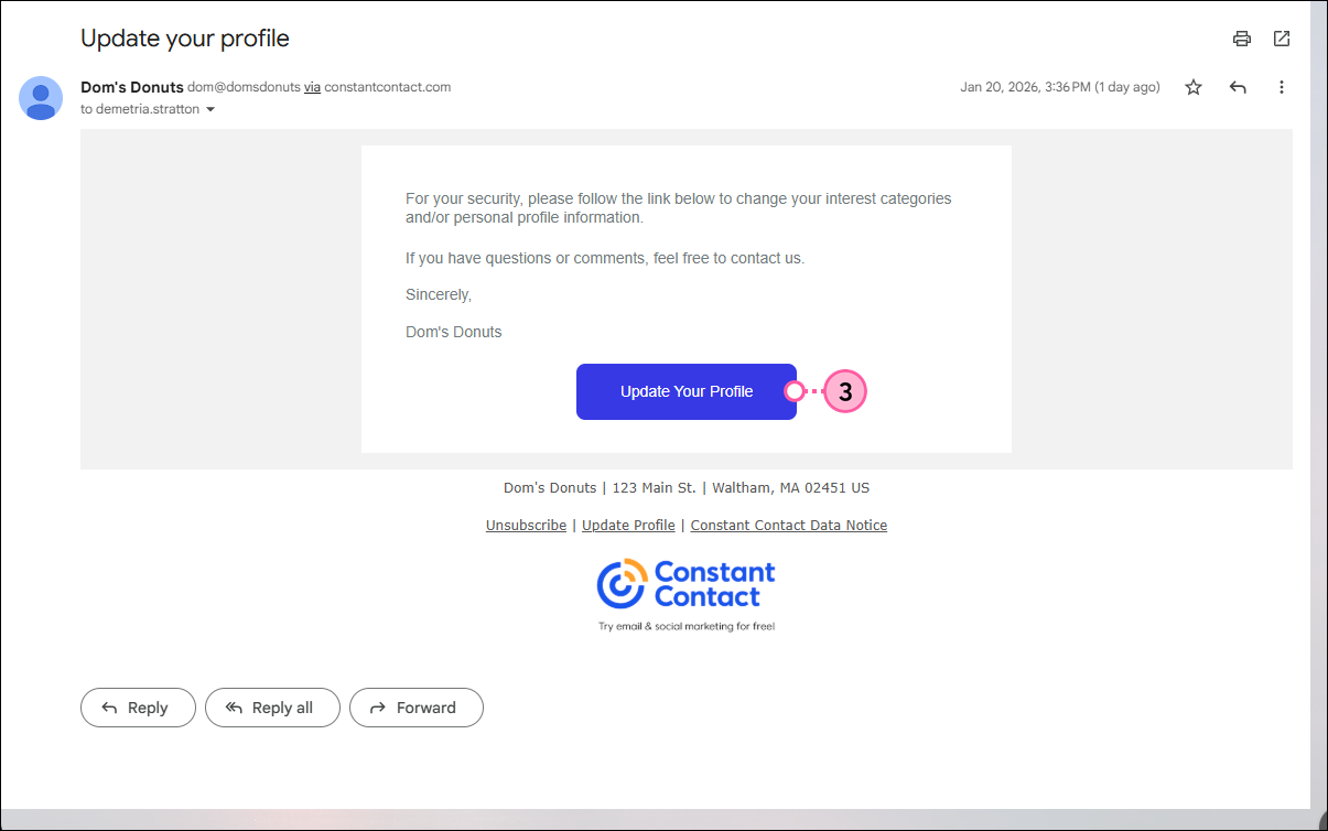 Update Profile Email with Update Your Profile button