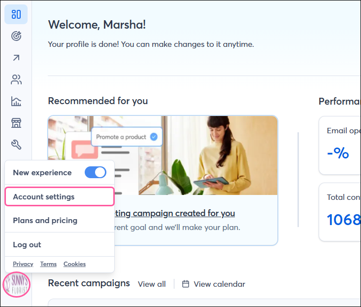 Profile name and Account Settings dropdown option
