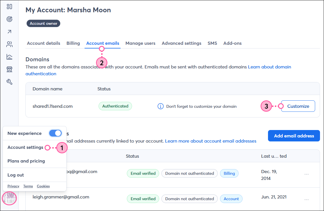 My Account, Account Emails tab, Domains table, and Customize button