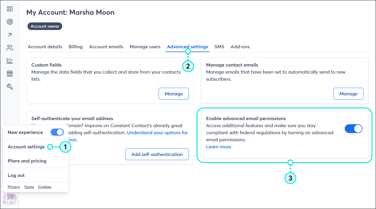 My Account page, Advanced Settings tab, Enable Advanced Permissions section, and toggle turned on