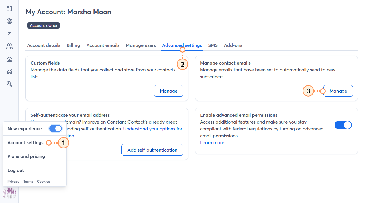 My Account, Advanced Settings tab, Manage Contact Emails section, and Manage button
