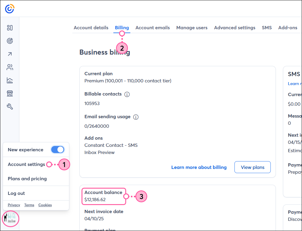 My Account, Billing tab, and Account Balance