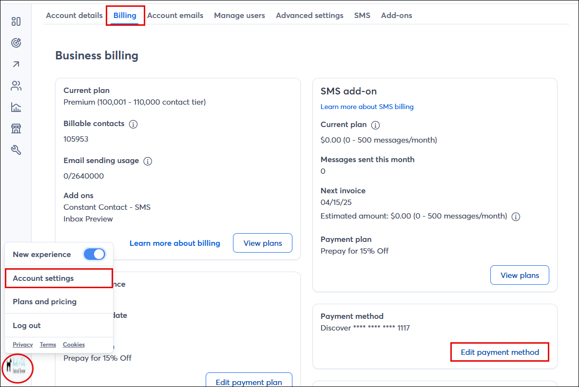 Pestaña Billing (Facturación) y botón Edit Payment Method (Editar método de pago)