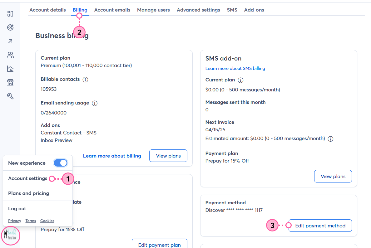 Billing tab and Edit Payment Method button