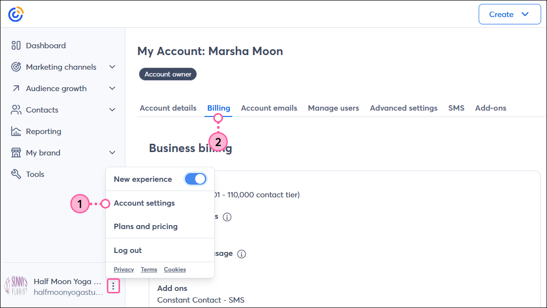 Profile name dropdown, My Account option, Billing tab, and Email sending usage