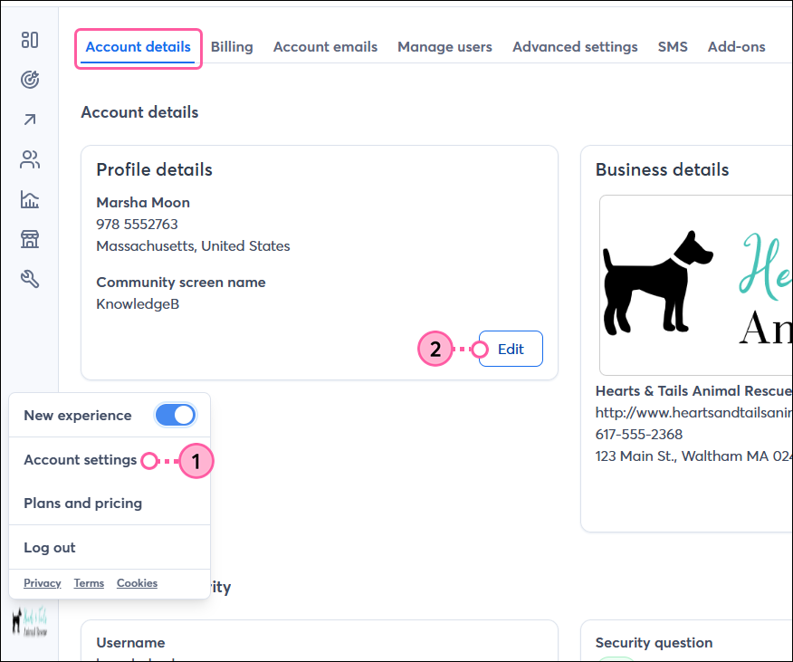 Profile name drop-down with Account Settings option, Account details tab, Profile details section, and Edit button