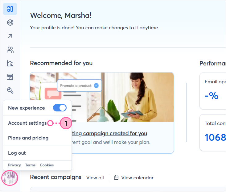 Profile name and Account Settings drop-down option
