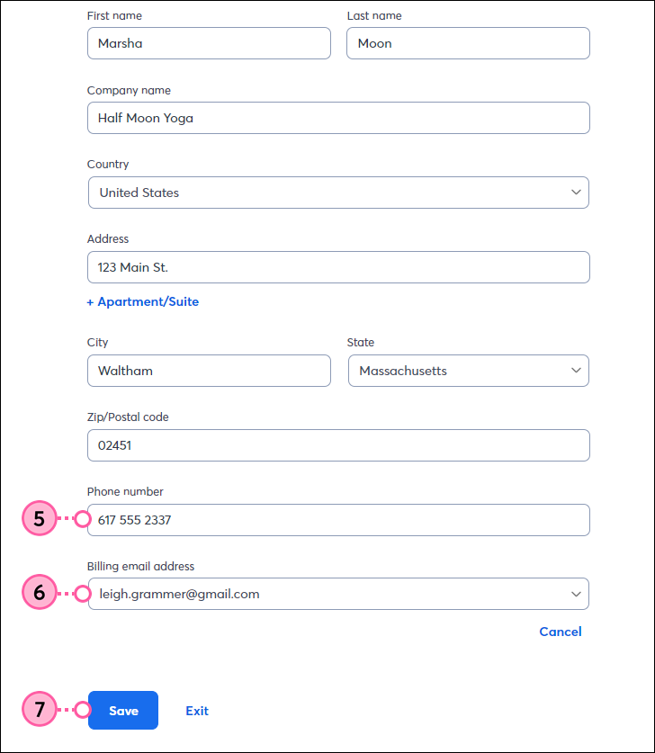 Billing Email Address drop-down and Phone Number