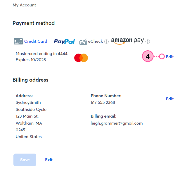 Payment Method (Método de pago), opción Credit Card (Tarjeta de crédito), Edit (Editar)
