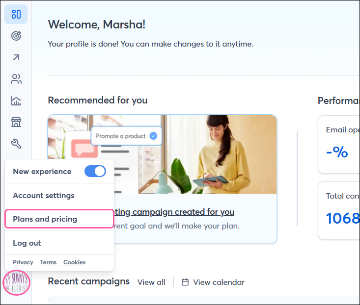 Profile name drop-down and Plans & Pricing option selected
