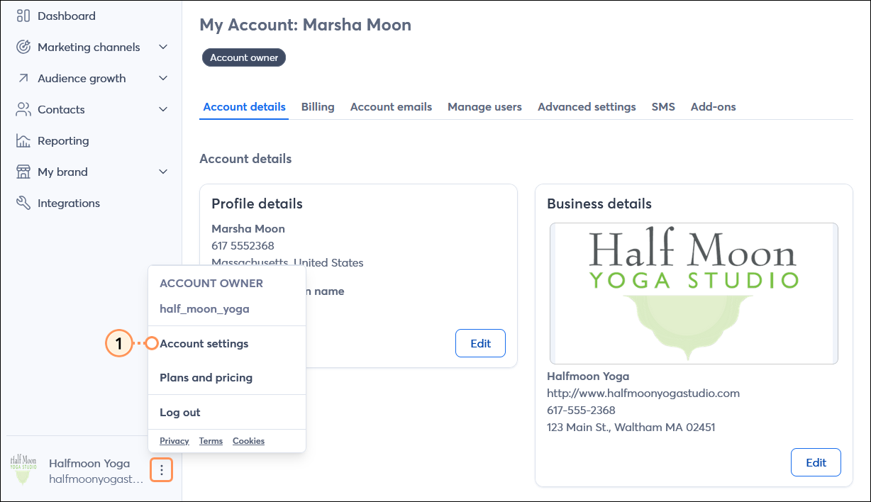 Account Owner menu expanded with Account settings option selected, and My Account with Account details tab selected