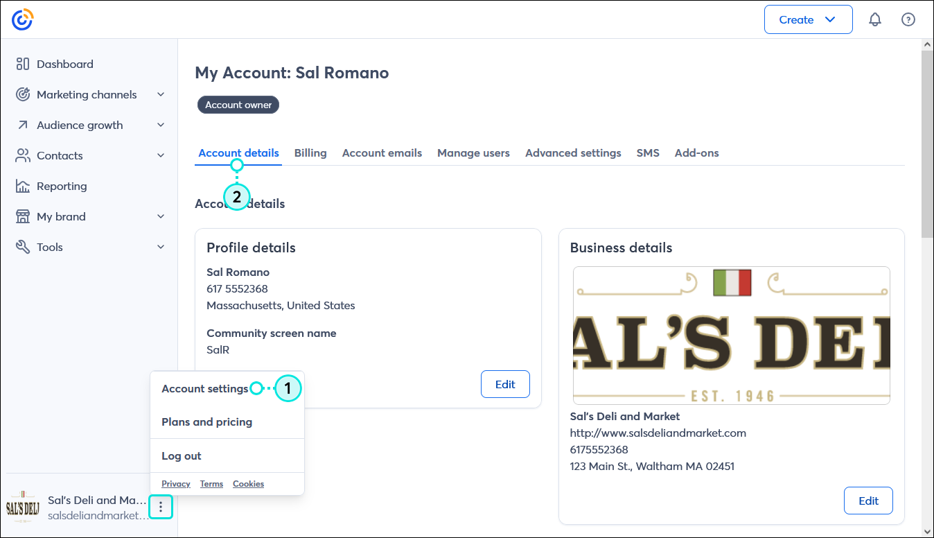 My Account page with Account details tab selected, and account owner menu expanded in lower left-hand-corner with Account settings option selected