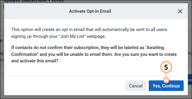 Activate Opt-In Email confirmation message and Yes, Continue Button